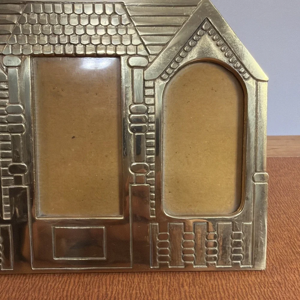 Vtg Brass Triple Photo Frame House Theme 8.5